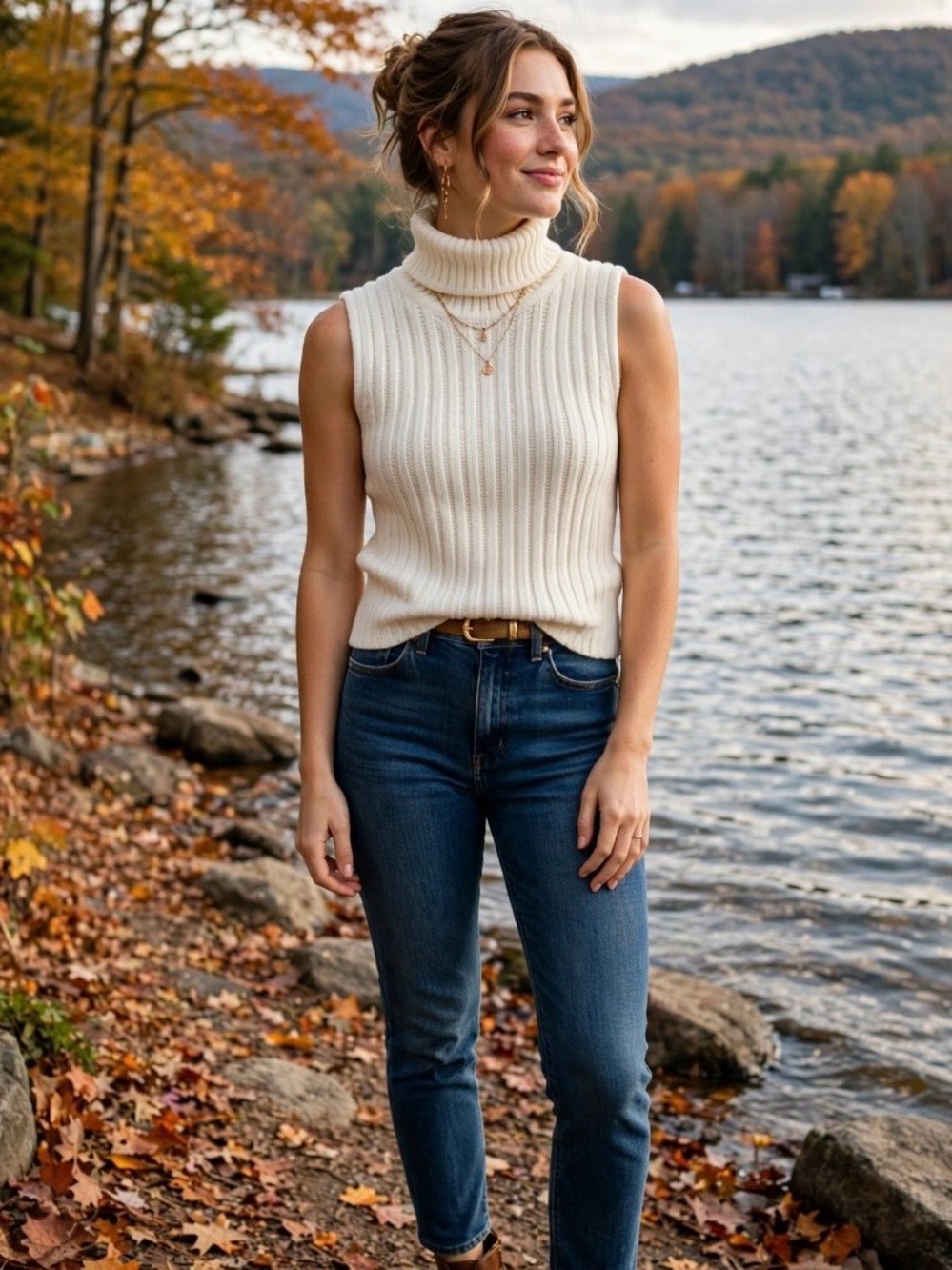 Women's Cream Ribbed Sleeveless Turtleneck Sweater Y2K Size S